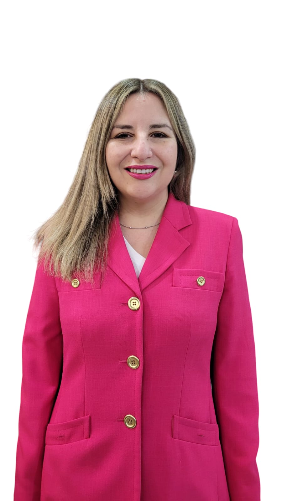 Karina con un blazer rosado